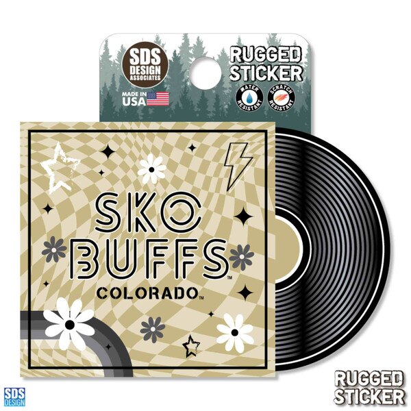 CU Buffaloes rugged sticker designed like a vinyl record sleeve with “SKO BUFFS COLORADO” text and retro floral and star accents on a wavy gold background.